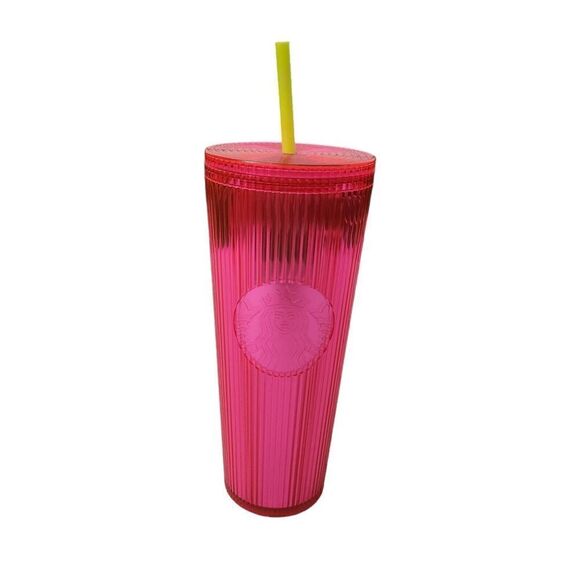 Starbucks Venti Tumbler 2023 Summer Pleated Neon Magenta Pink Cold Cup 24oz NEW - Picture 1 of 7